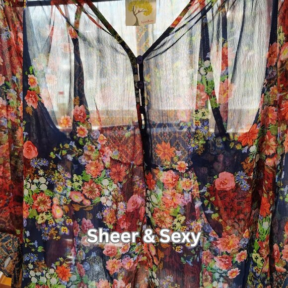 Fig & Flower Sheer Floral Boho Button Front Blouse (Like Figueroa & Flower) - Picture 6 of 11